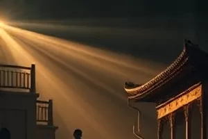 都市剧《月光摆渡》封面：夜间渡口昏黄路灯与倒影
